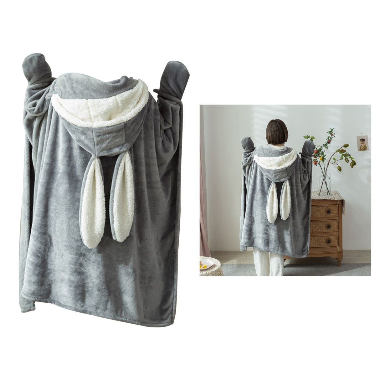 Hooded Blanket Wearable Polyester Plush Rabbit Ear Hooded Blanket Throw Soft Warm Blanket for Home Dark Gray Large