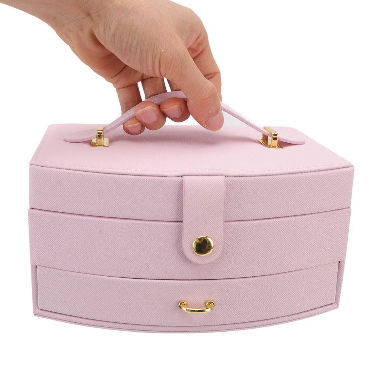 Travel Jewelry Case Portable 2 Layers PU Leather Jewelry Storage Holder Box with Clasp and Handle for Earrings Necklace Pink