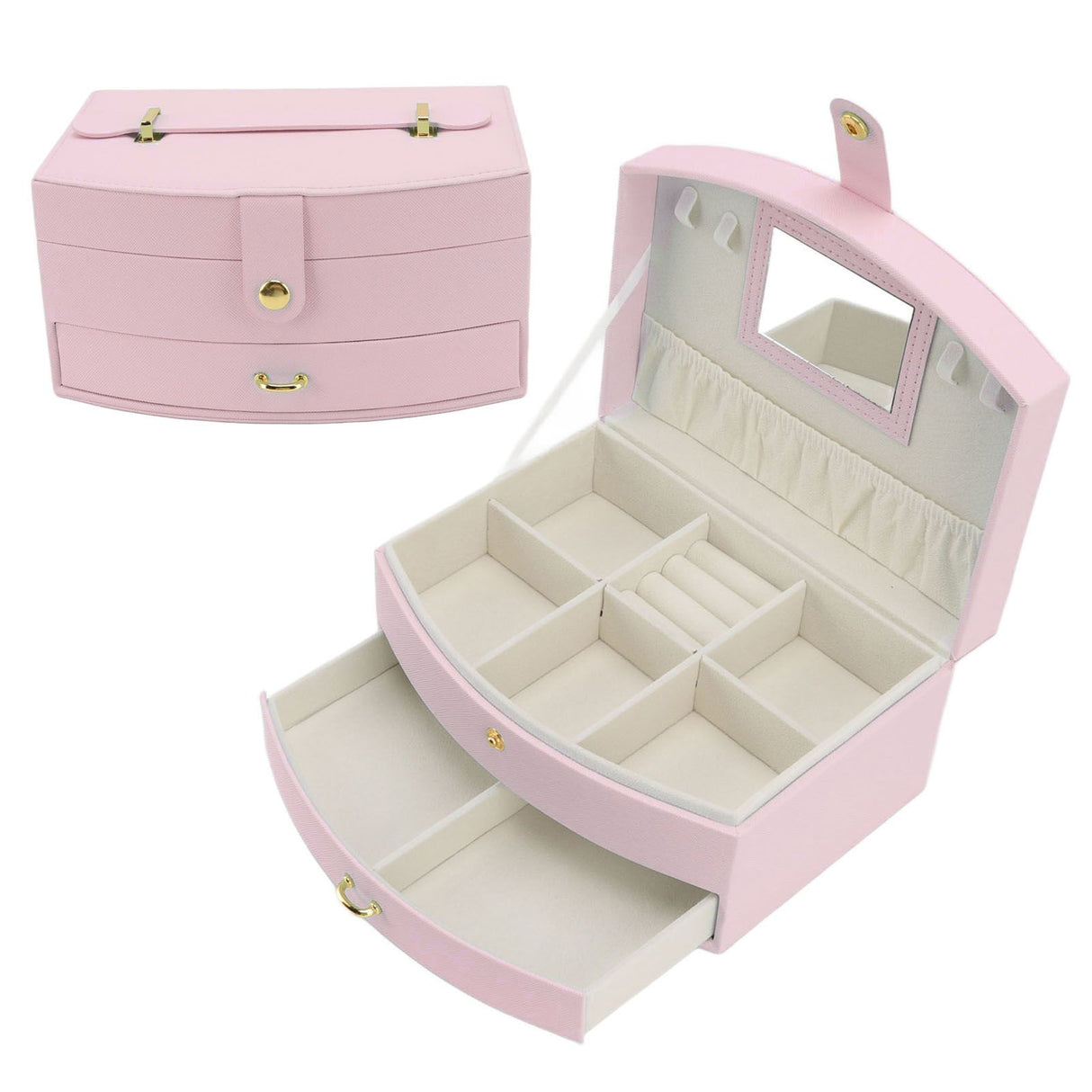 Travel Jewelry Case Portable 2 Layers PU Leather Jewelry Storage Holder Box with Clasp and Handle for Earrings Necklace Pink