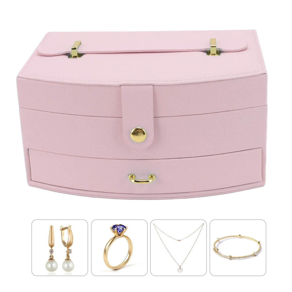 Travel Jewelry Case Portable 2 Layers PU Leather Jewelry Storage Holder Box with Clasp and Handle for Earrings Necklace Pink