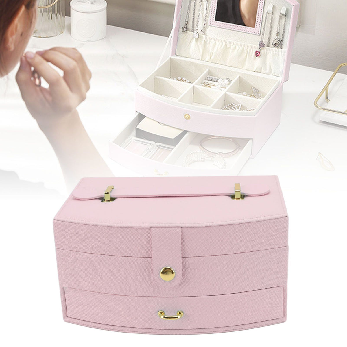 Travel Jewelry Case Portable 2 Layers PU Leather Jewelry Storage Holder Box with Clasp and Handle for Earrings Necklace Pink