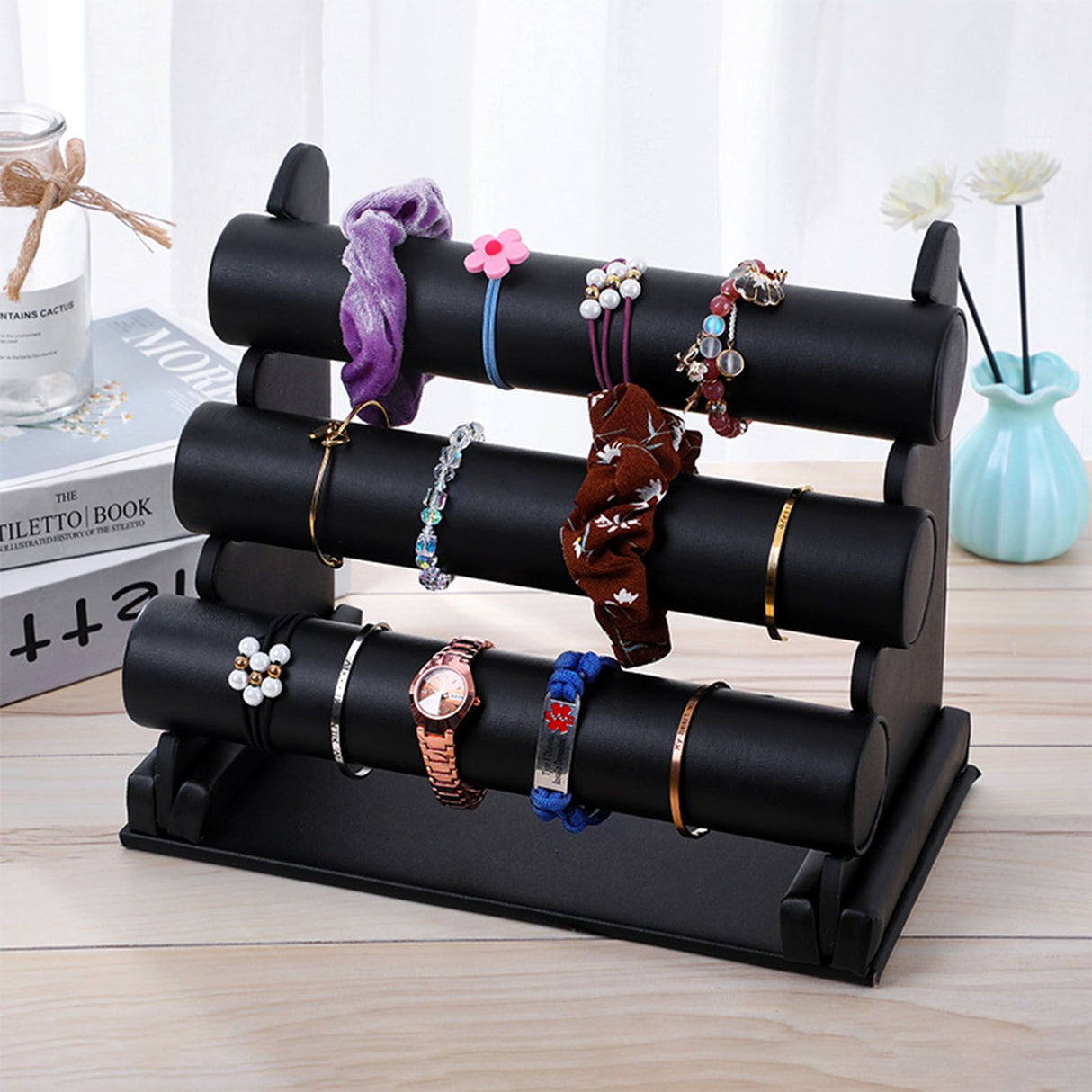 Velvet Jewelry Tower 3 Layers Watch Bracelet Holder Necklace Jewelry Display Stand Black Jewelry Stand