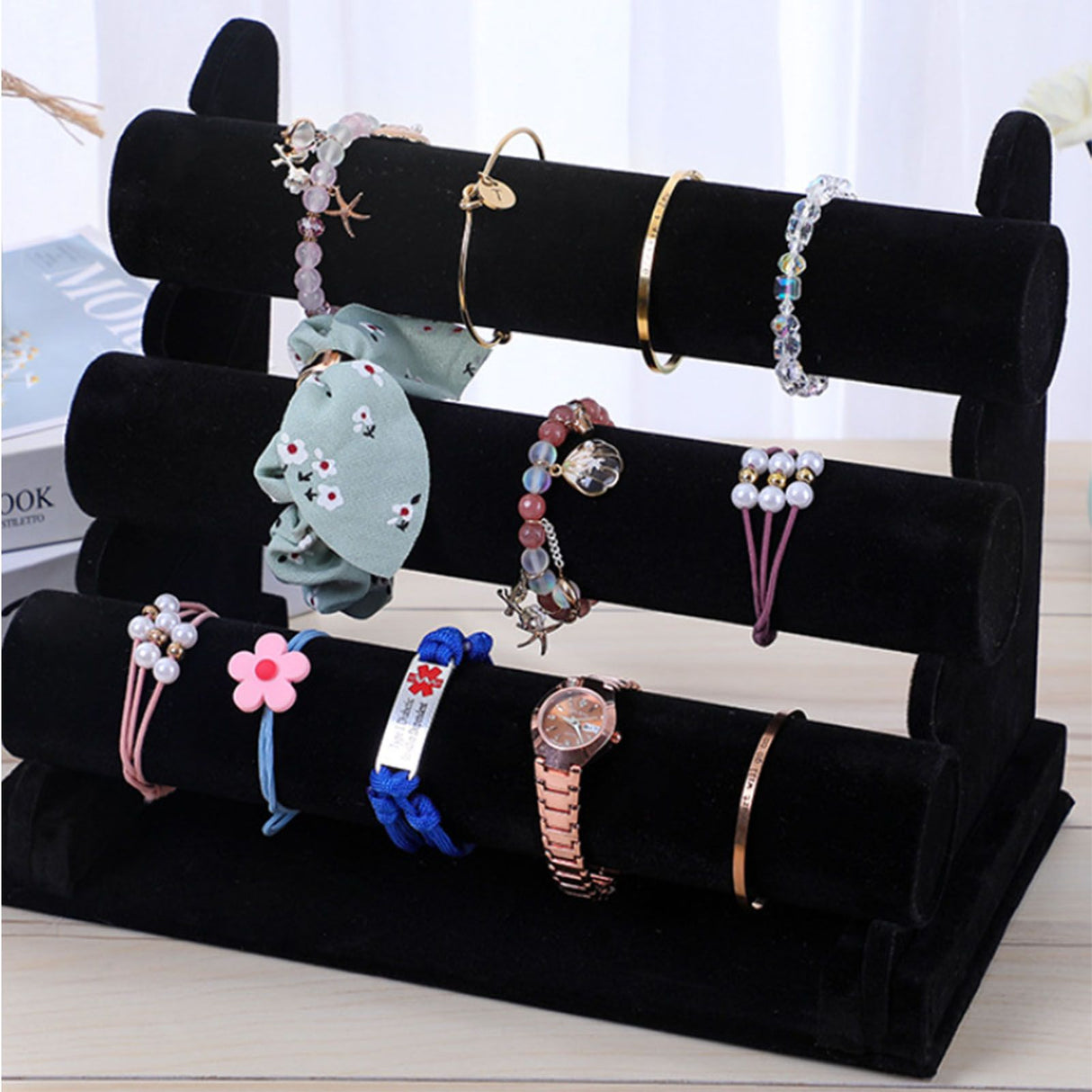 Velvet Jewelry Tower 3 Layers Watch Bracelet Holder Necklace Jewelry Display Stand Black Jewelry Stand