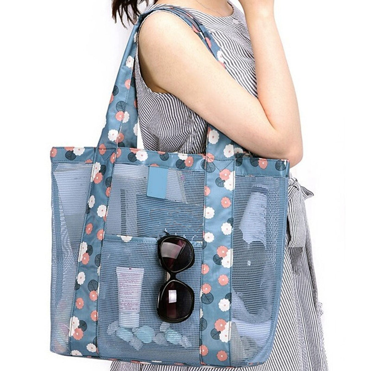Beach Tote Waterproof Large Capacity Casual Oxford Cloth Women Mesh Handbag for Shopping Swimming Blue Flower