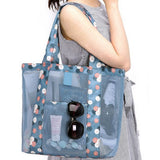 Beach Tote Waterproof Large Capacity Casual Oxford Cloth Women Mesh Handbag for Shopping Swimming Blue Flower - 45-Degree Angle