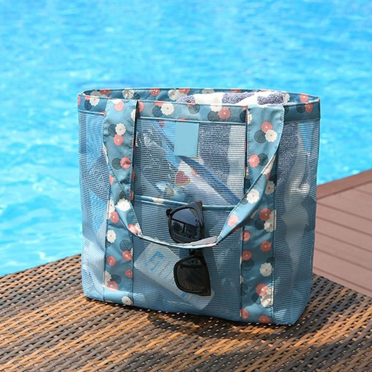 Beach Tote Waterproof Large Capacity Casual Oxford Cloth Women Mesh Handbag for Shopping Swimming Blue Flower