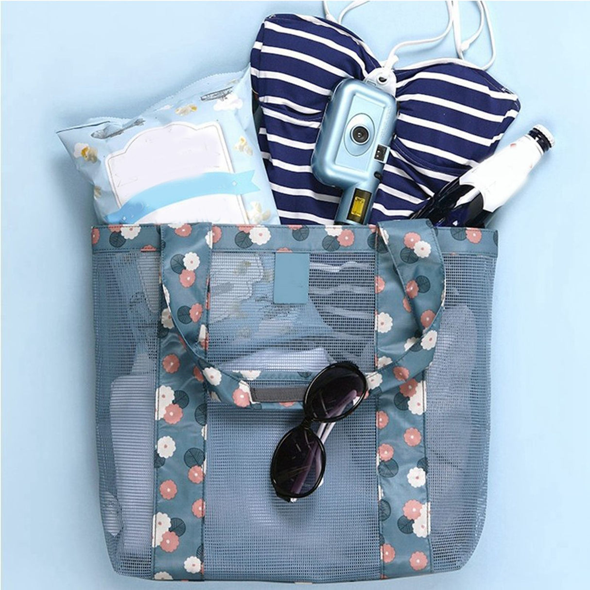 Beach Tote Waterproof Large Capacity Casual Oxford Cloth Women Mesh Handbag for Shopping Swimming Blue Flower