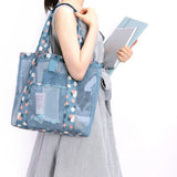 Beach Tote Waterproof Large Capacity Casual Oxford Cloth Women Mesh Handbag for Shopping Swimming Blue Flower