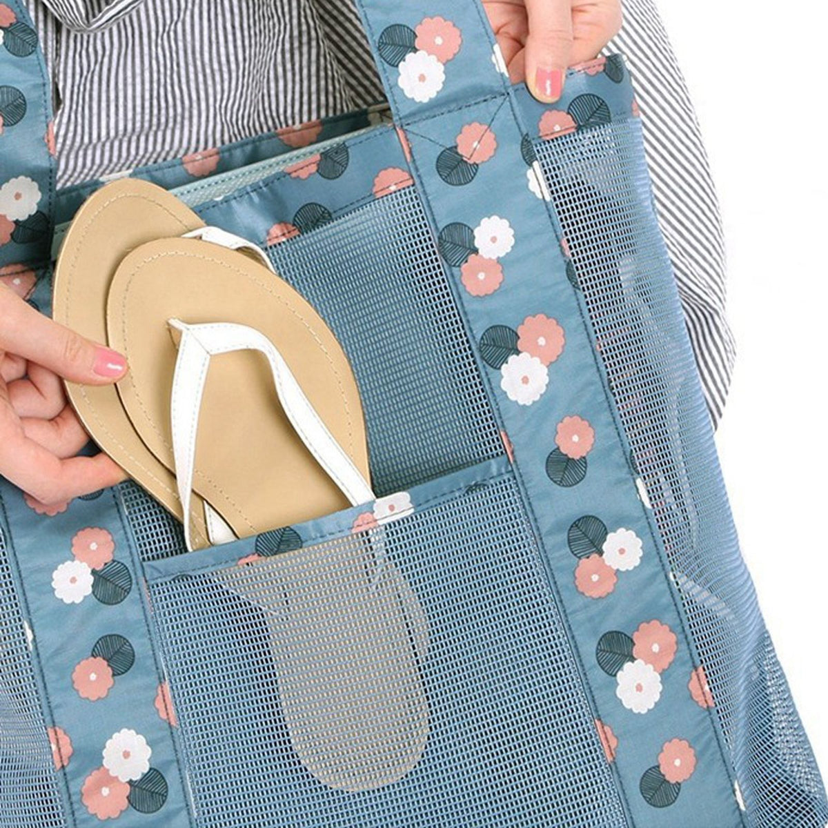 Beach Tote Waterproof Large Capacity Casual Oxford Cloth Women Mesh Handbag for Shopping Swimming Blue Flower