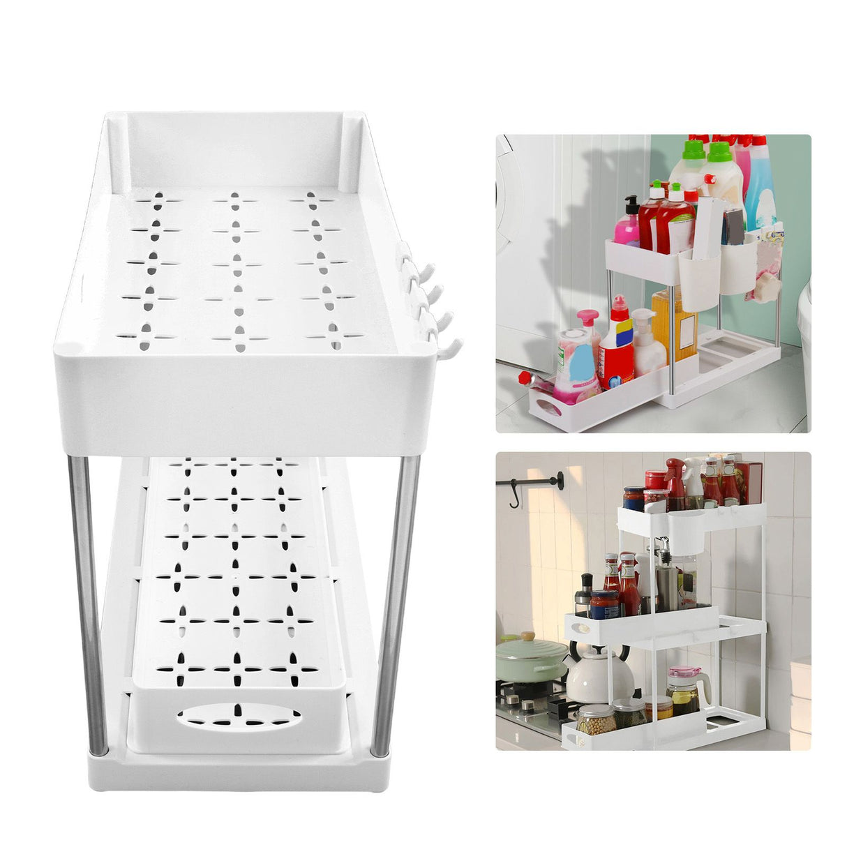 Slide Out Storage Baskets ABS Under Sink Organizer Cabinet Sliding Drawers for Kitchen Bathroom Cosmetic Storage White