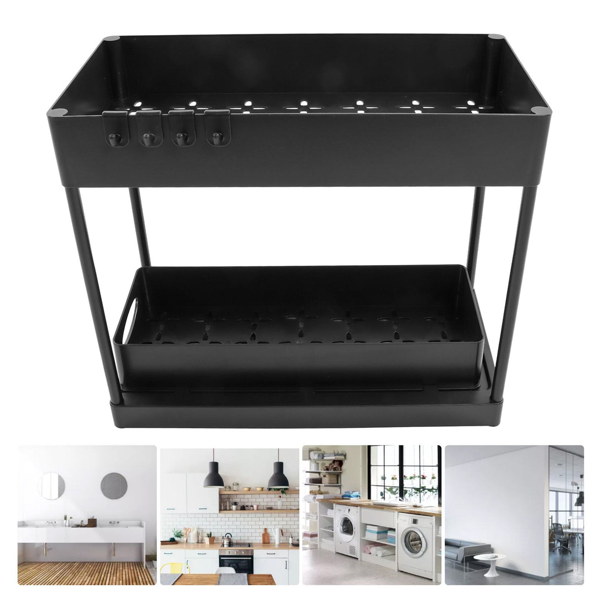 Slide Out Storage Basket Under Sink Organizer for Cabinet Sliding Drawers Countertop Pantry HIPS Black