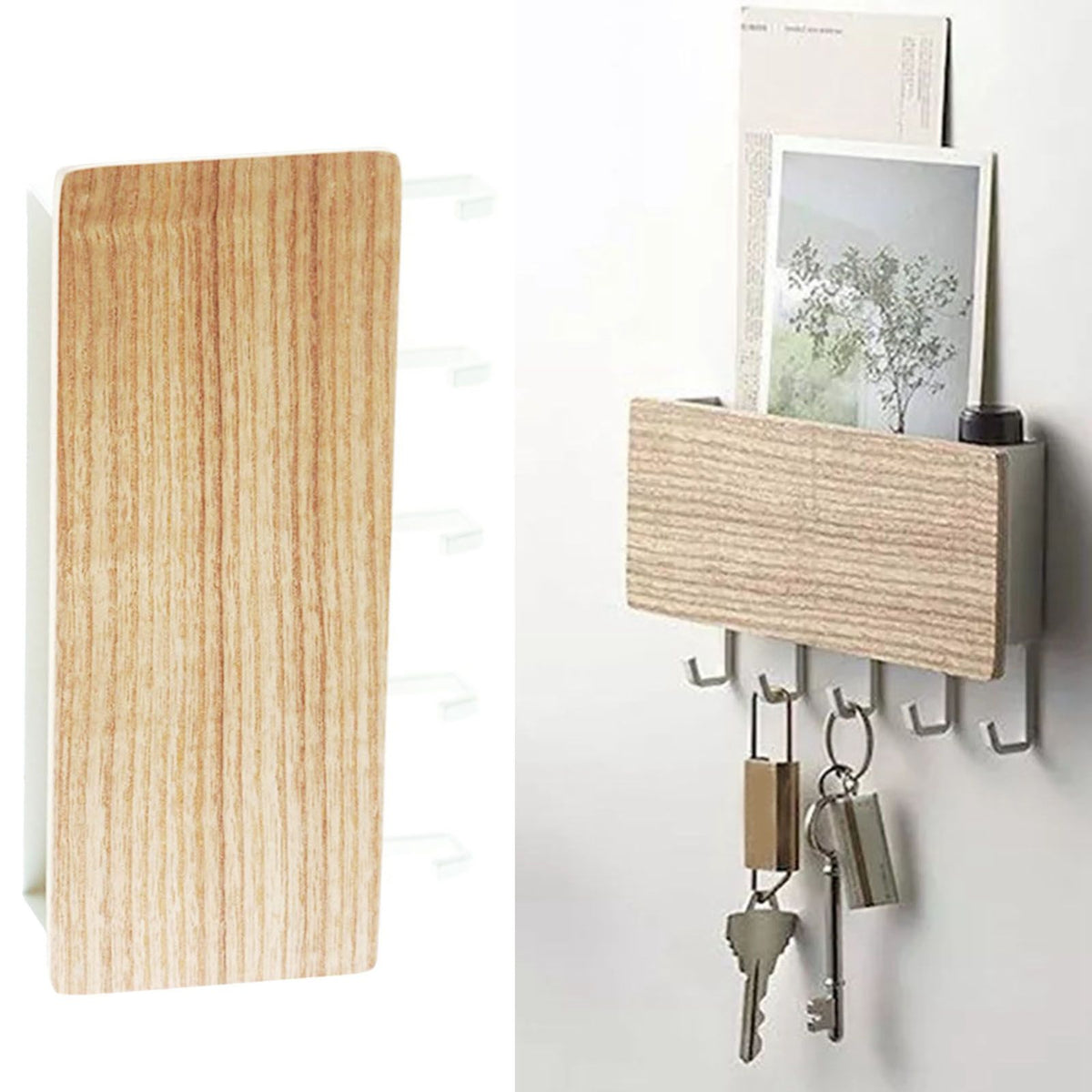 Japanese Wall Mounted Key Holder Wood with 5 Hooks Punch Free Multifunction Key Hanger for Home Natural Wood Color