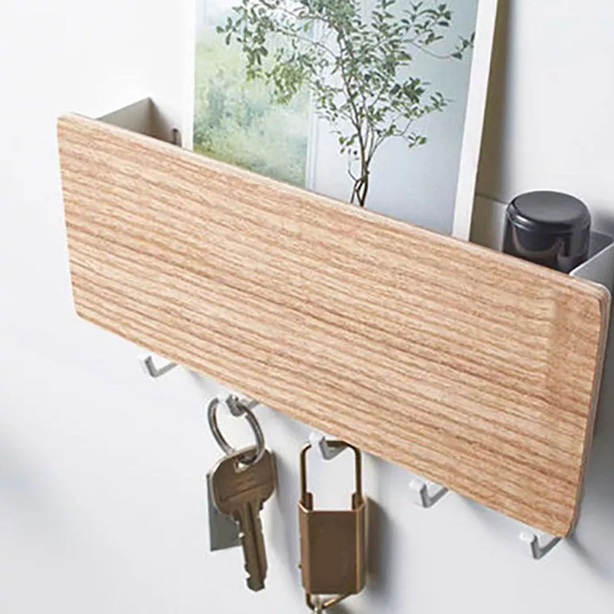 Japanese Wall Mounted Key Holder Wood with 5 Hooks Punch Free Multifunction Key Hanger for Home Natural Wood Color