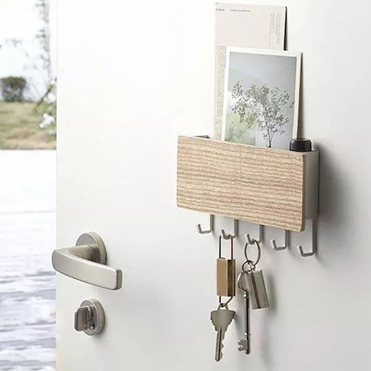 Japanese Wall Mounted Key Holder Wood with 5 Hooks Punch Free Multifunction Key Hanger for Home Natural Wood Color