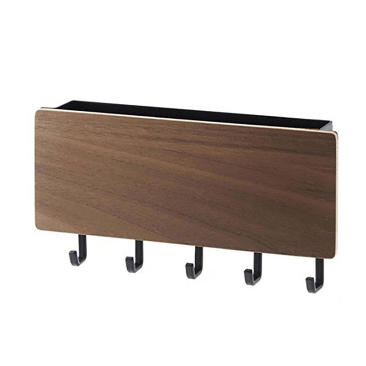 Japanese Wall Mounted Key Holder Wood with 5 Hooks Punch Free Multifunction Key Hanger for Home Walnut Color