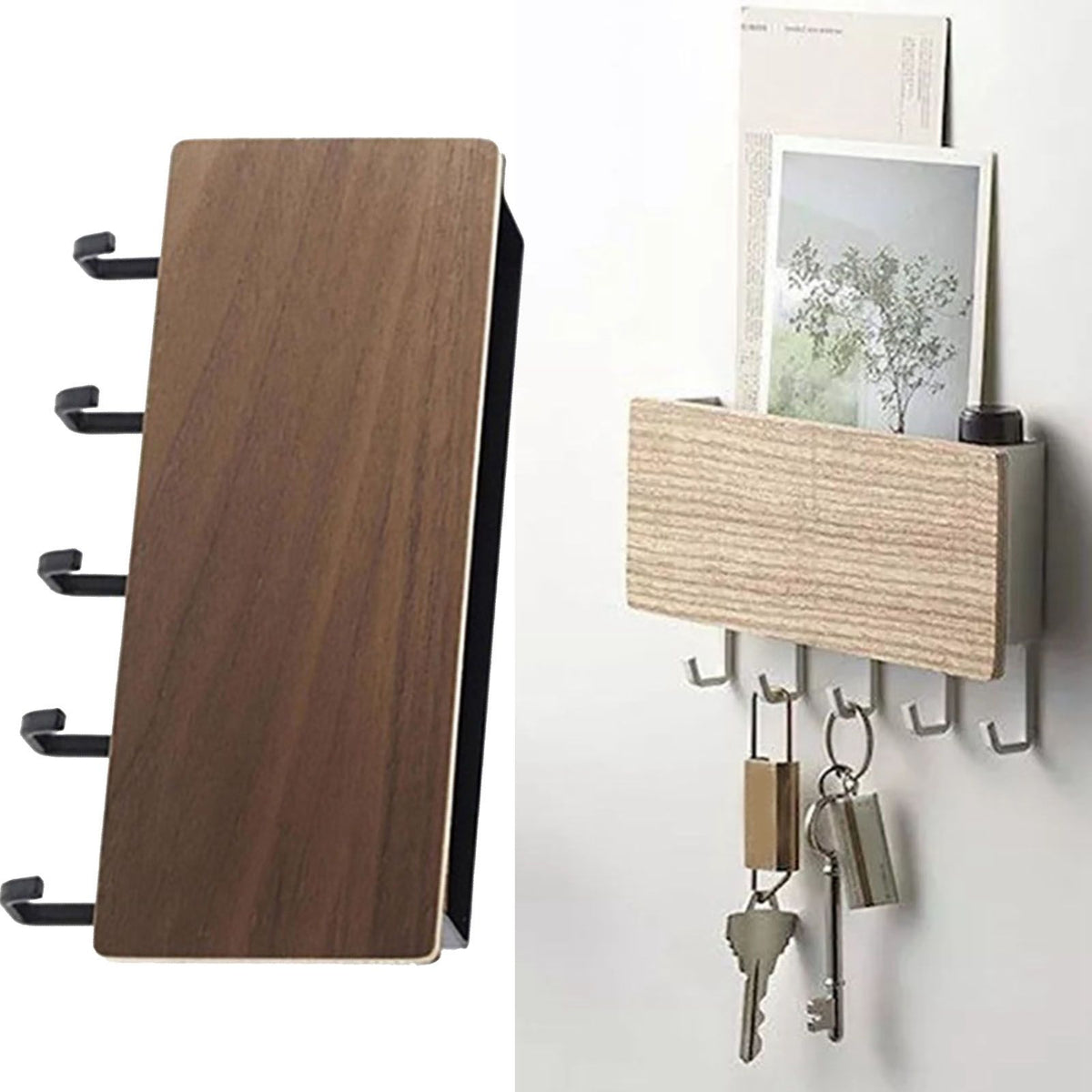 Japanese Wall Mounted Key Holder Wood with 5 Hooks Punch Free Multifunction Key Hanger for Home Walnut Color