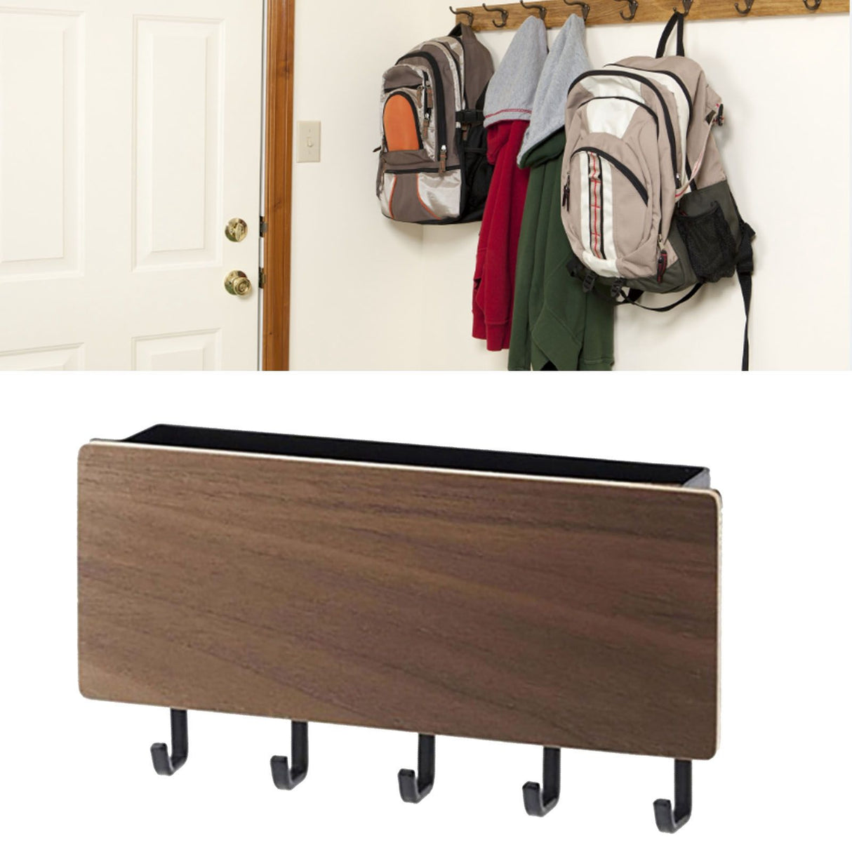 Japanese Wall Mounted Key Holder Wood with 5 Hooks Punch Free Multifunction Key Hanger for Home Walnut Color