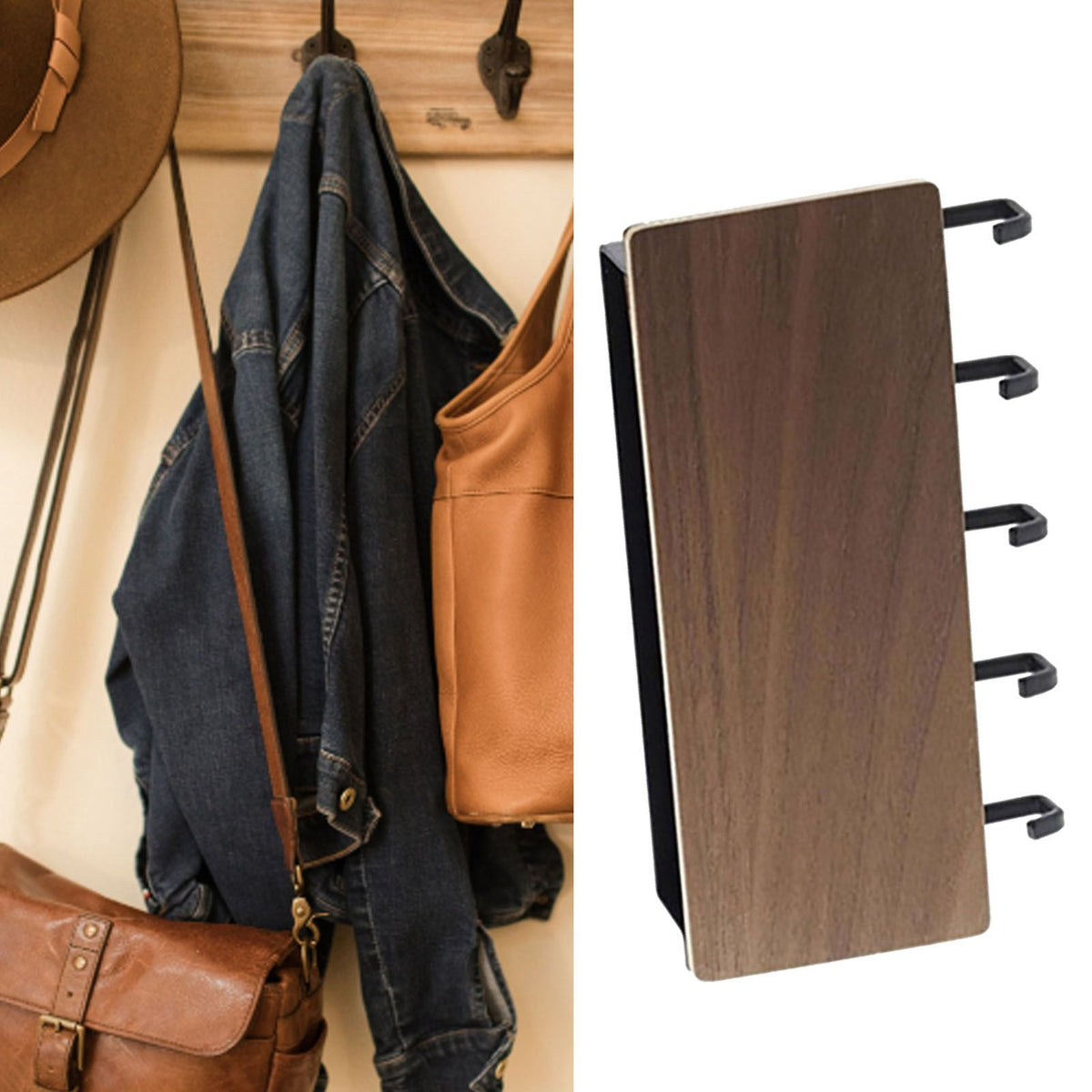 Japanese Wall Mounted Key Holder Wood with 5 Hooks Punch Free Multifunction Key Hanger for Home Walnut Color