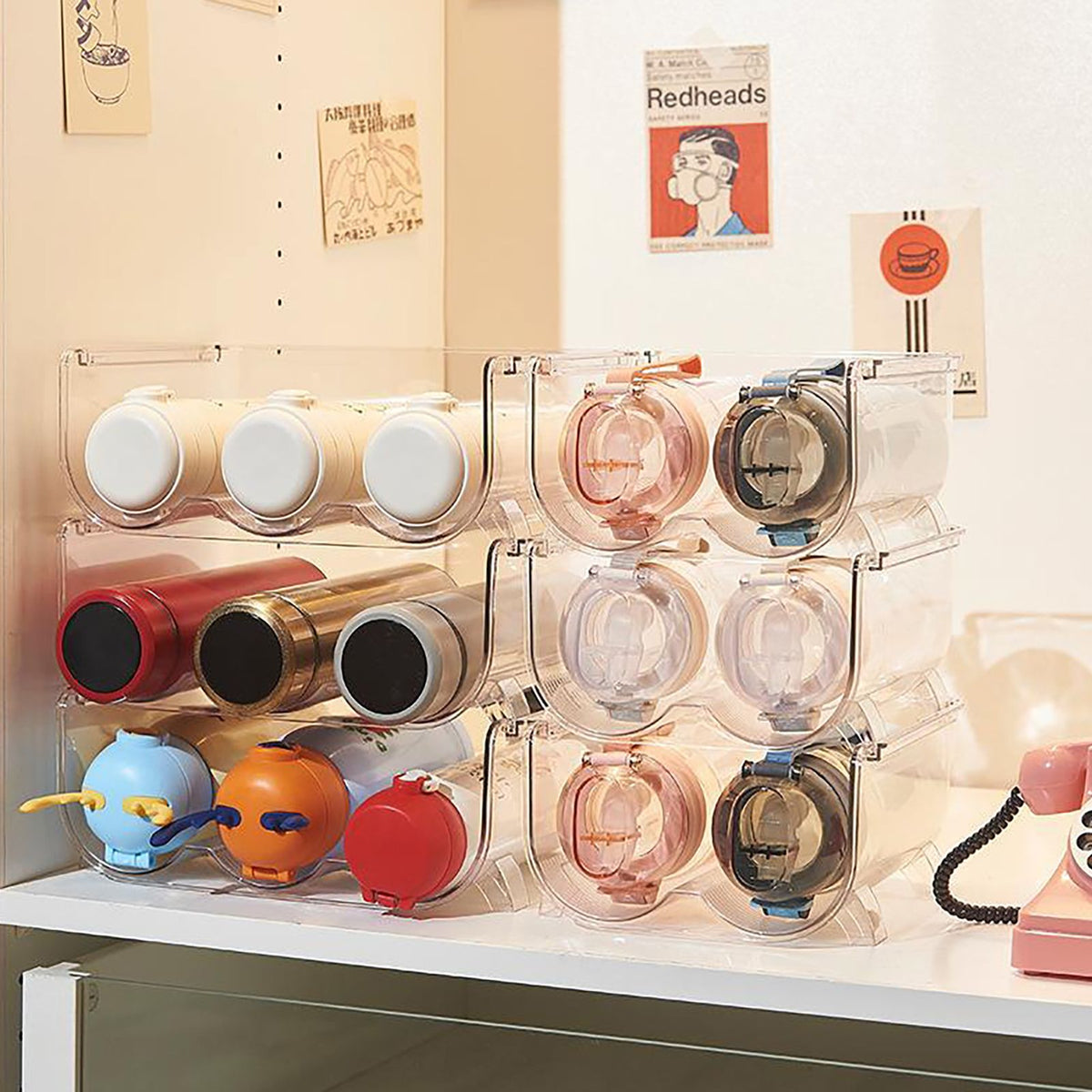 Water Bottle Organizer Transparent Stackable Space Saving Water Bottle Storage Holder Rack for Vacuum Cup 2 Grids