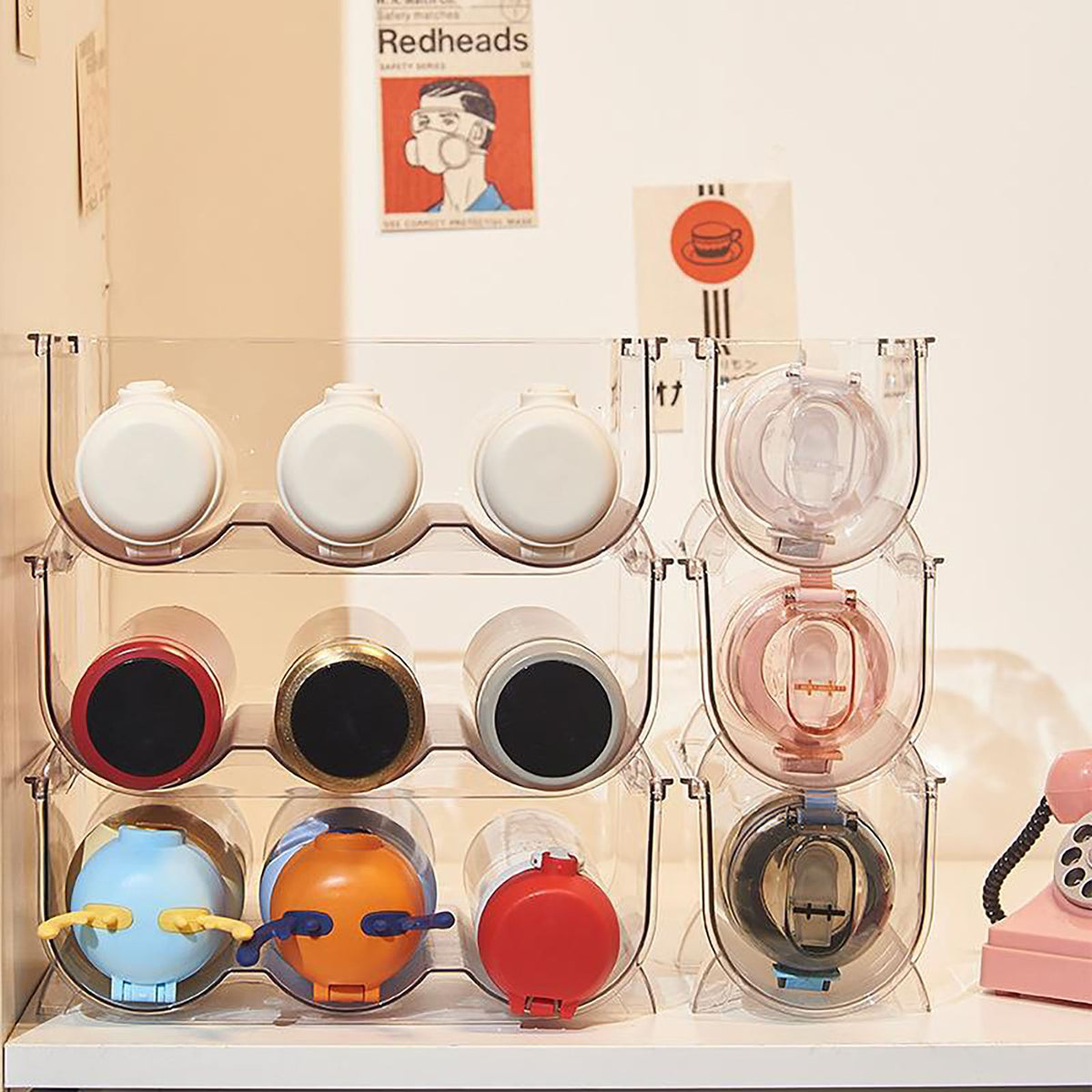 Water Bottle Organizer Transparent Stackable Space Saving Water Bottle Storage Holder Rack for Vacuum Cup 3 Grids