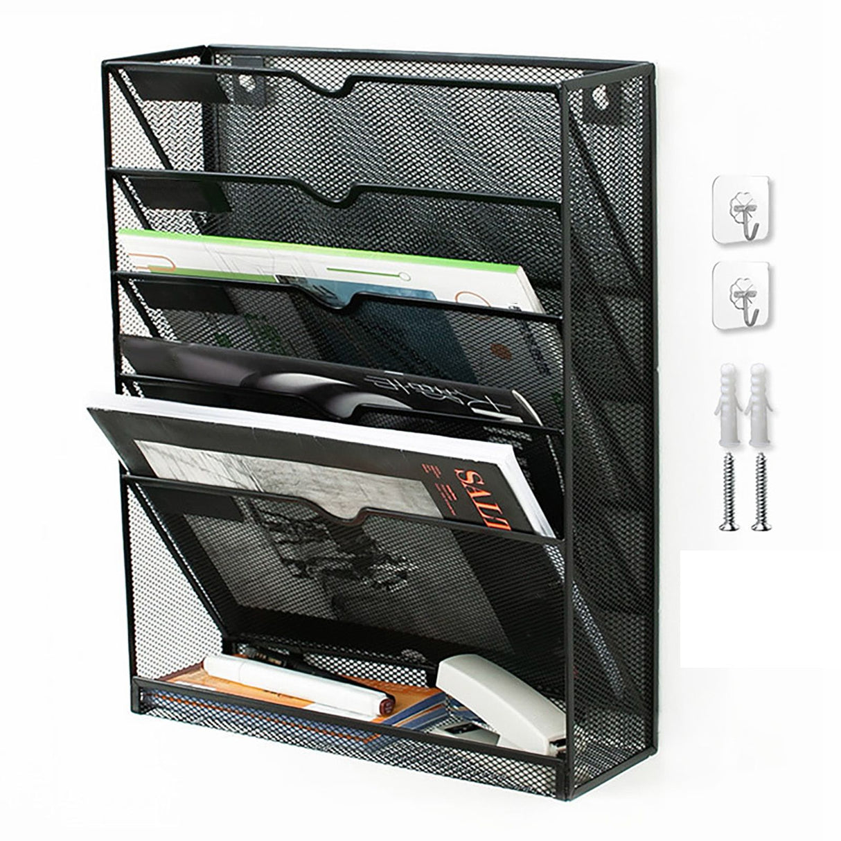 5 Tier Wall File Organizer Vertical Placement Glossy Edges Wall Mount File Holder with Hanging Hole for Office Black
