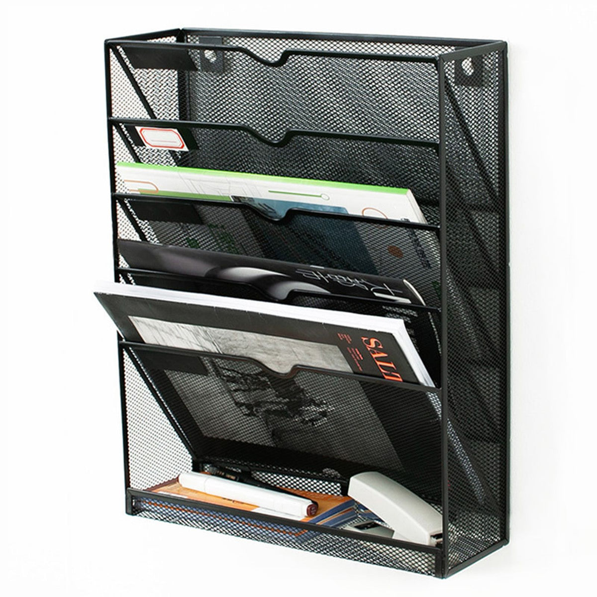 5 Tier Wall File Organizer Vertical Placement Glossy Edges Wall Mount File Holder with Hanging Hole for Office Black