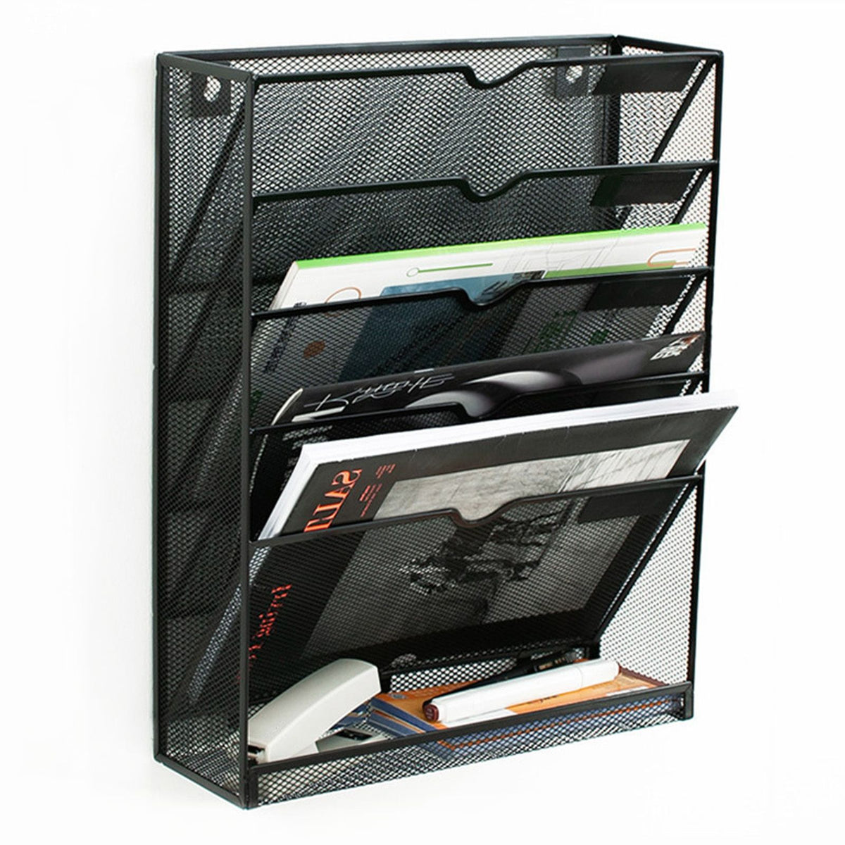 5 Tier Wall File Organizer Vertical Placement Glossy Edges Wall Mount File Holder with Hanging Hole for Office Black