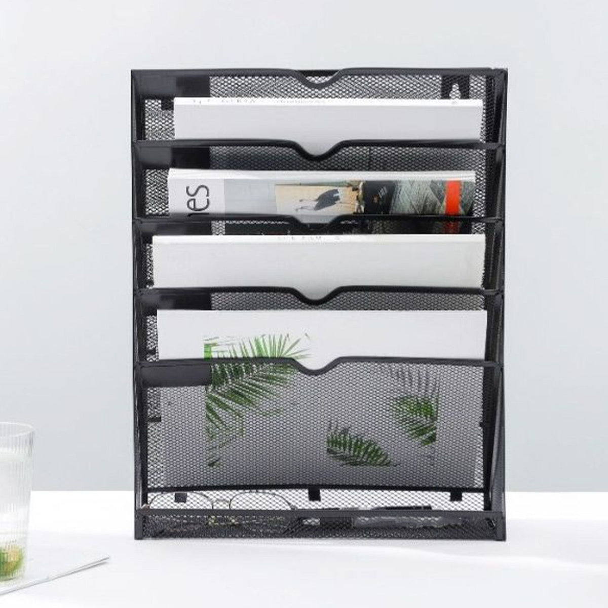 5 Tier Wall File Organizer Vertical Placement Glossy Edges Wall Mount File Holder with Hanging Hole for Office Black