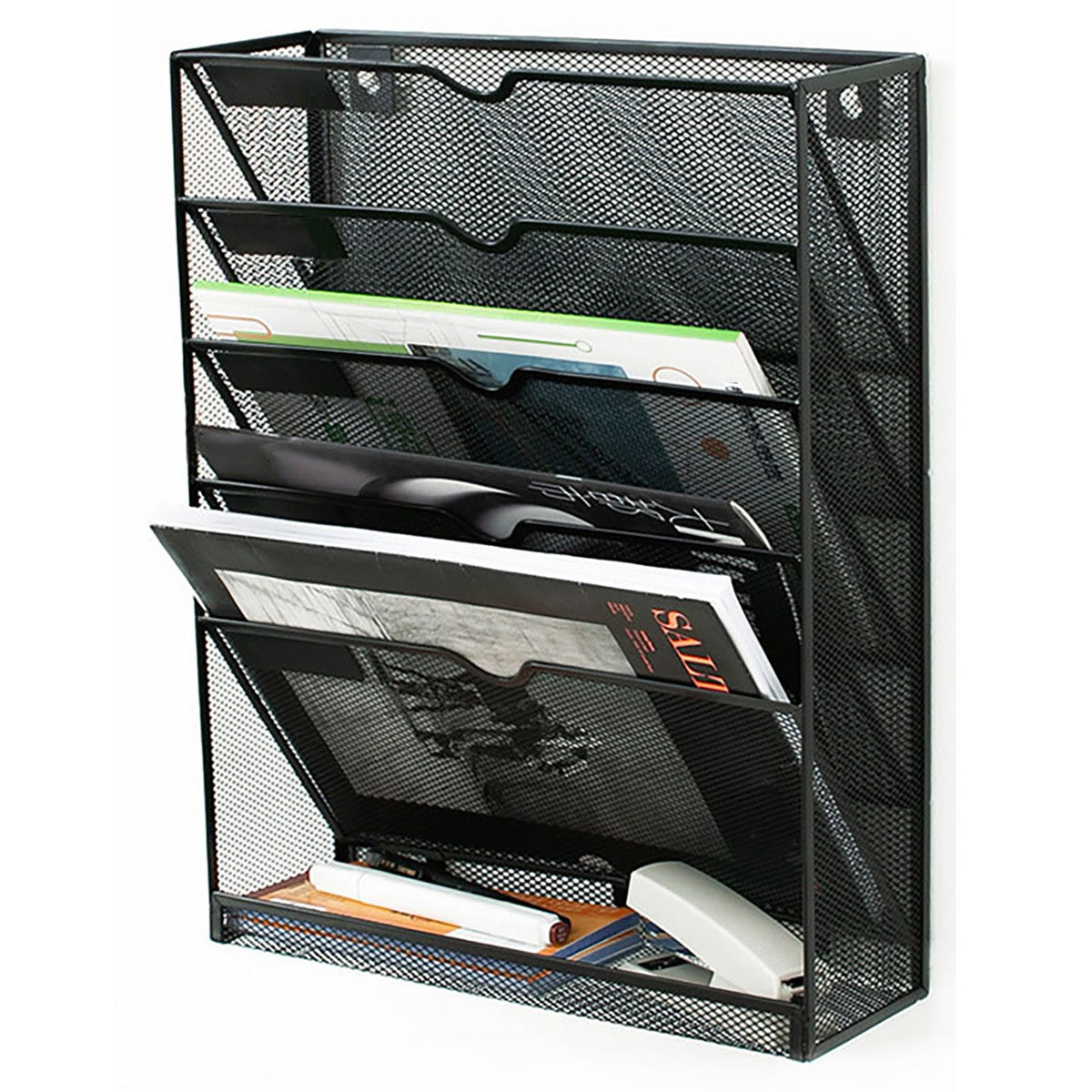 5 Tier Wall File Organizer Vertical Placement Glossy Edges Wall Mount File Holder with Hanging Hole for Office Black