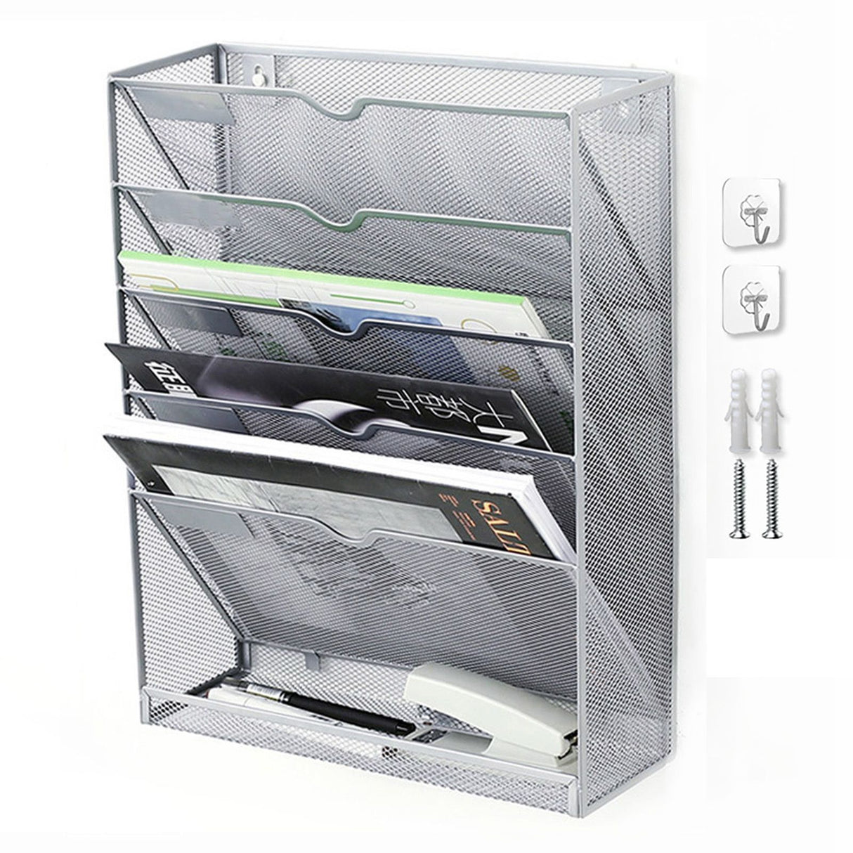 5 Tier Wall File Organizer Vertical Placement Glossy Edges Wall Mount File Holder with Hanging Hole for Office Silver