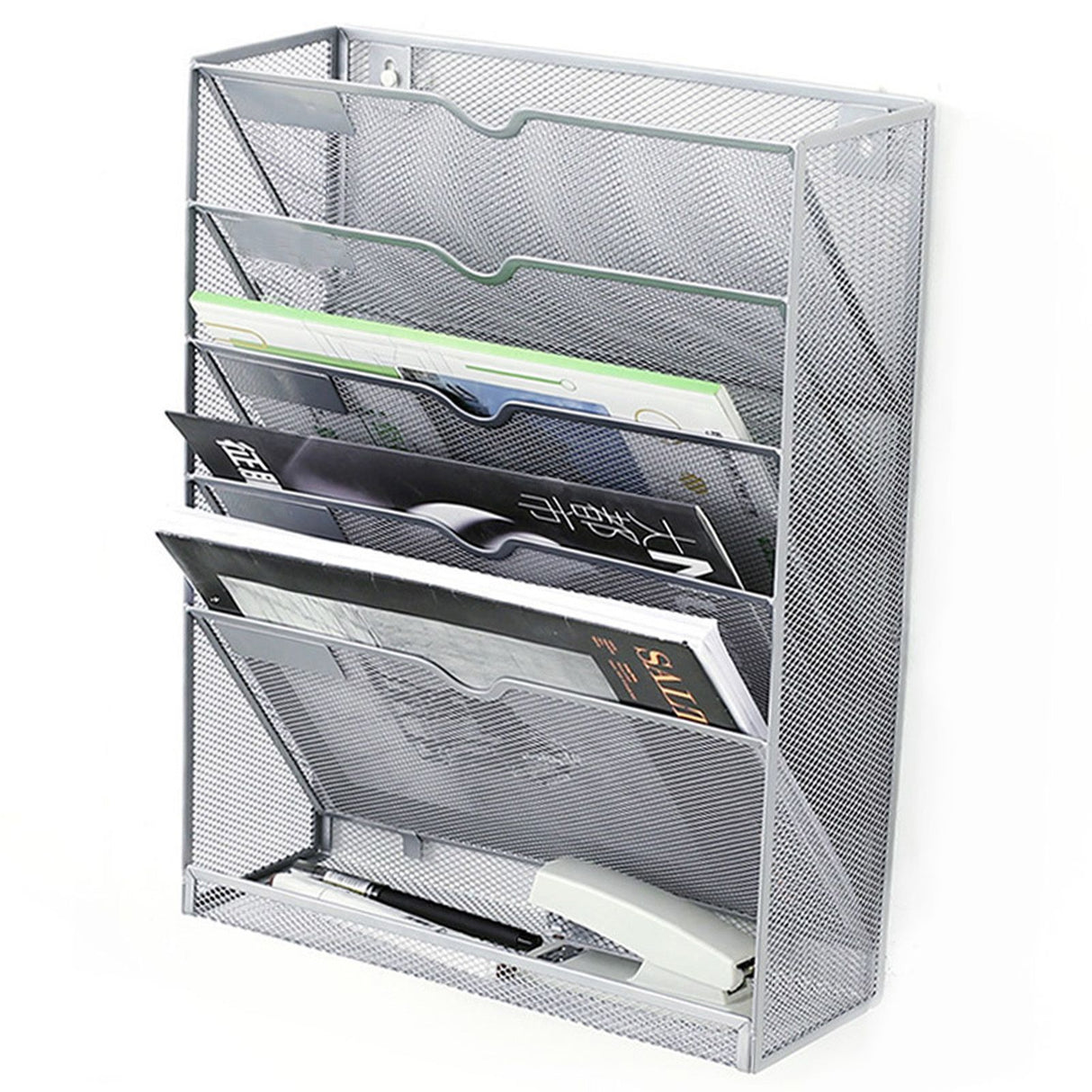 5 Tier Wall File Organizer Vertical Placement Glossy Edges Wall Mount File Holder with Hanging Hole for Office Silver