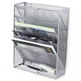 5 Tier Wall File Organizer Vertical Placement Glossy Edges Wall Mount File Holder with Hanging Hole for Office Silver
