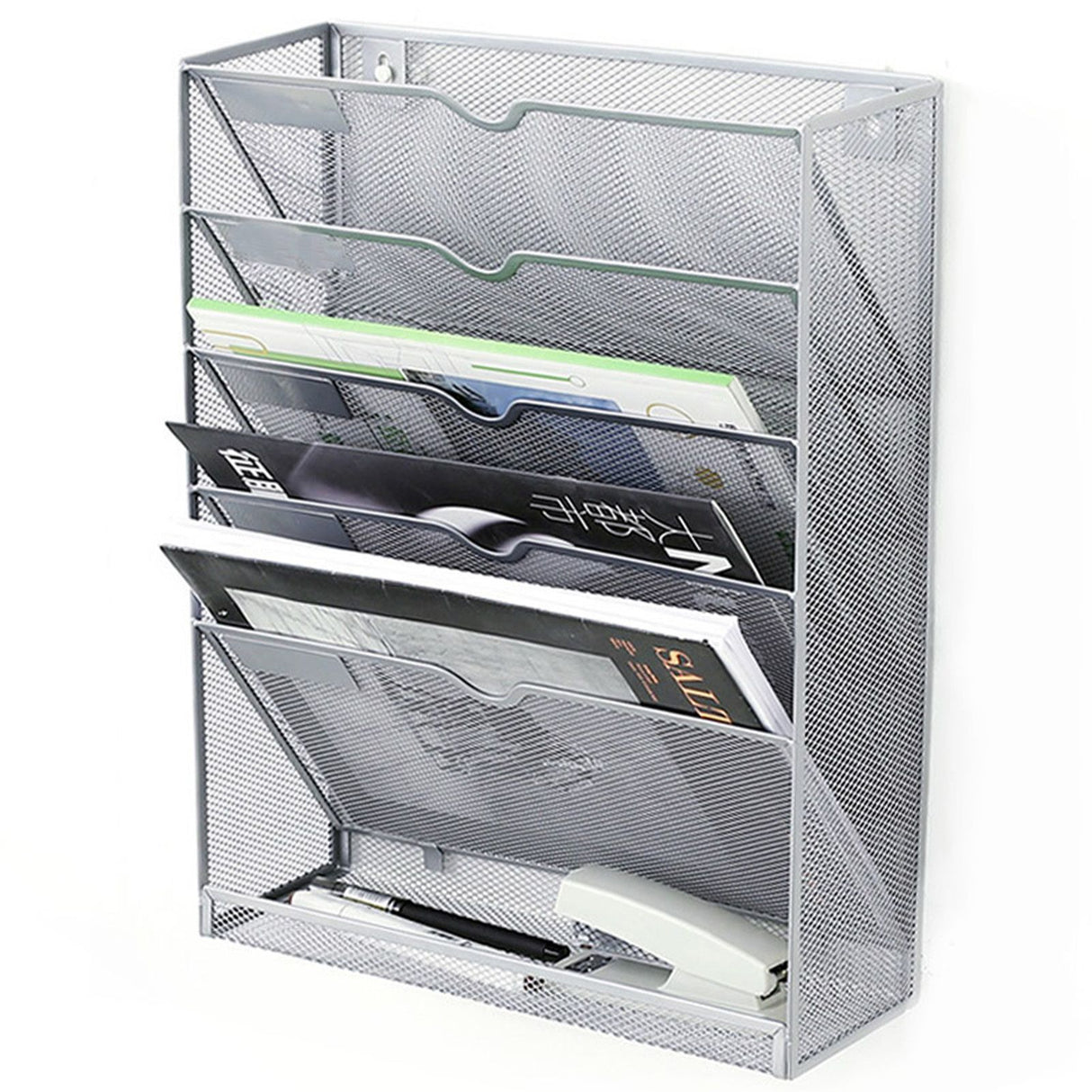 5 Tier Wall File Organizer Vertical Placement Glossy Edges Wall Mount File Holder with Hanging Hole for Office Silver