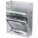 5 Tier Wall File Organizer Vertical Placement Glossy Edges Wall Mount File Holder with Hanging Hole for Office Silver
