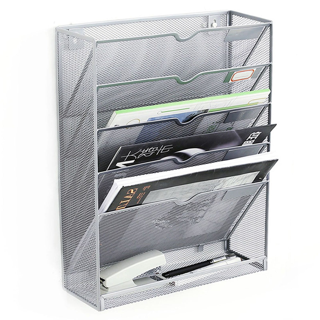 5 Tier Wall File Organizer Vertical Placement Glossy Edges Wall Mount File Holder with Hanging Hole for Office Silver