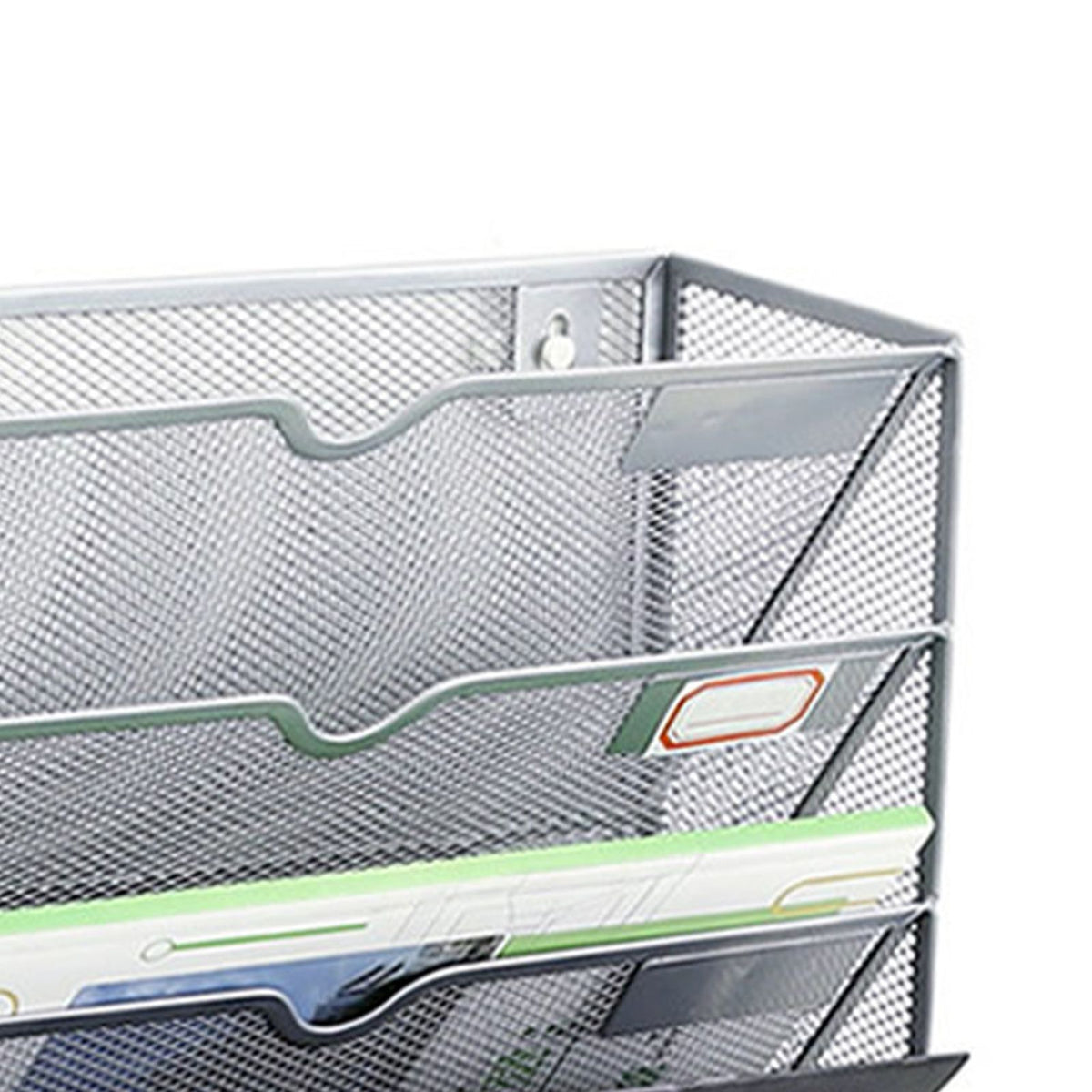 5 Tier Wall File Organizer Vertical Placement Glossy Edges Wall Mount File Holder with Hanging Hole for Office Silver
