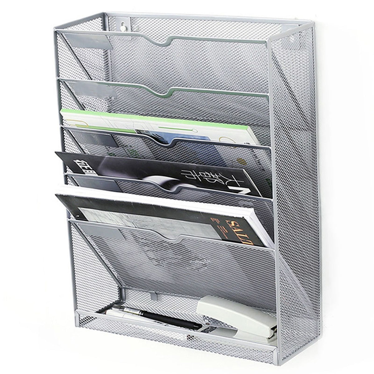 5 Tier Wall File Organizer Vertical Placement Glossy Edges Wall Mount File Holder with Hanging Hole for Office Silver
