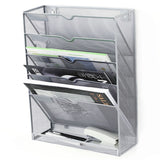 5 Tier Wall File Organizer Vertical Placement Glossy Edges Wall Mount File Holder with Hanging Hole for Office Silver