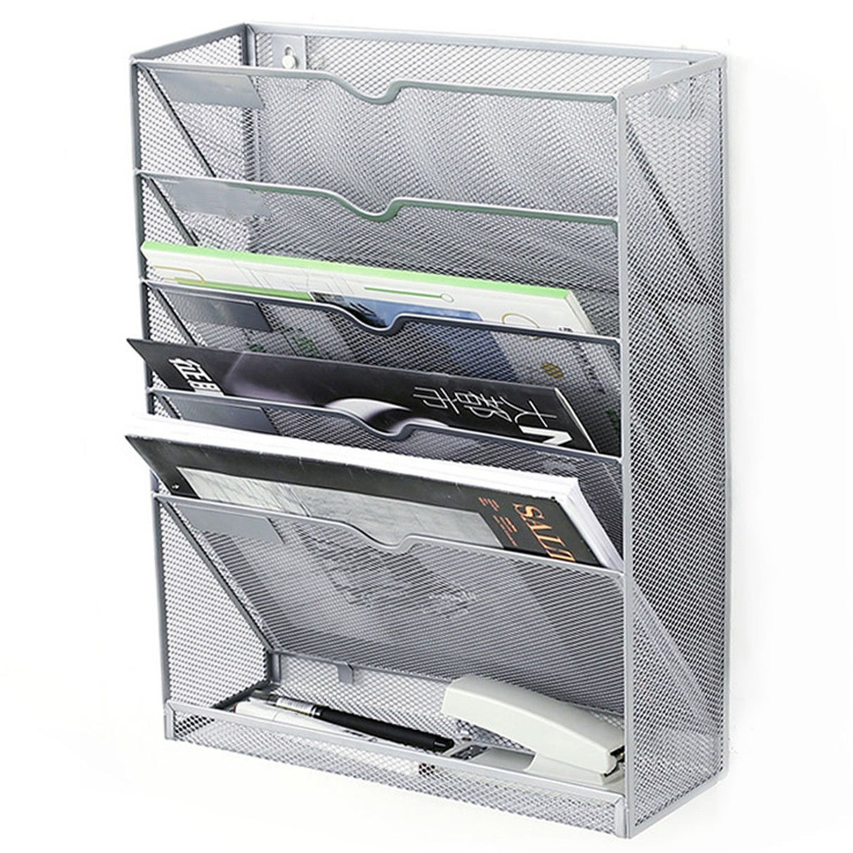 5 Tier Wall File Organizer Vertical Placement Glossy Edges Wall Mount File Holder with Hanging Hole for Office Silver