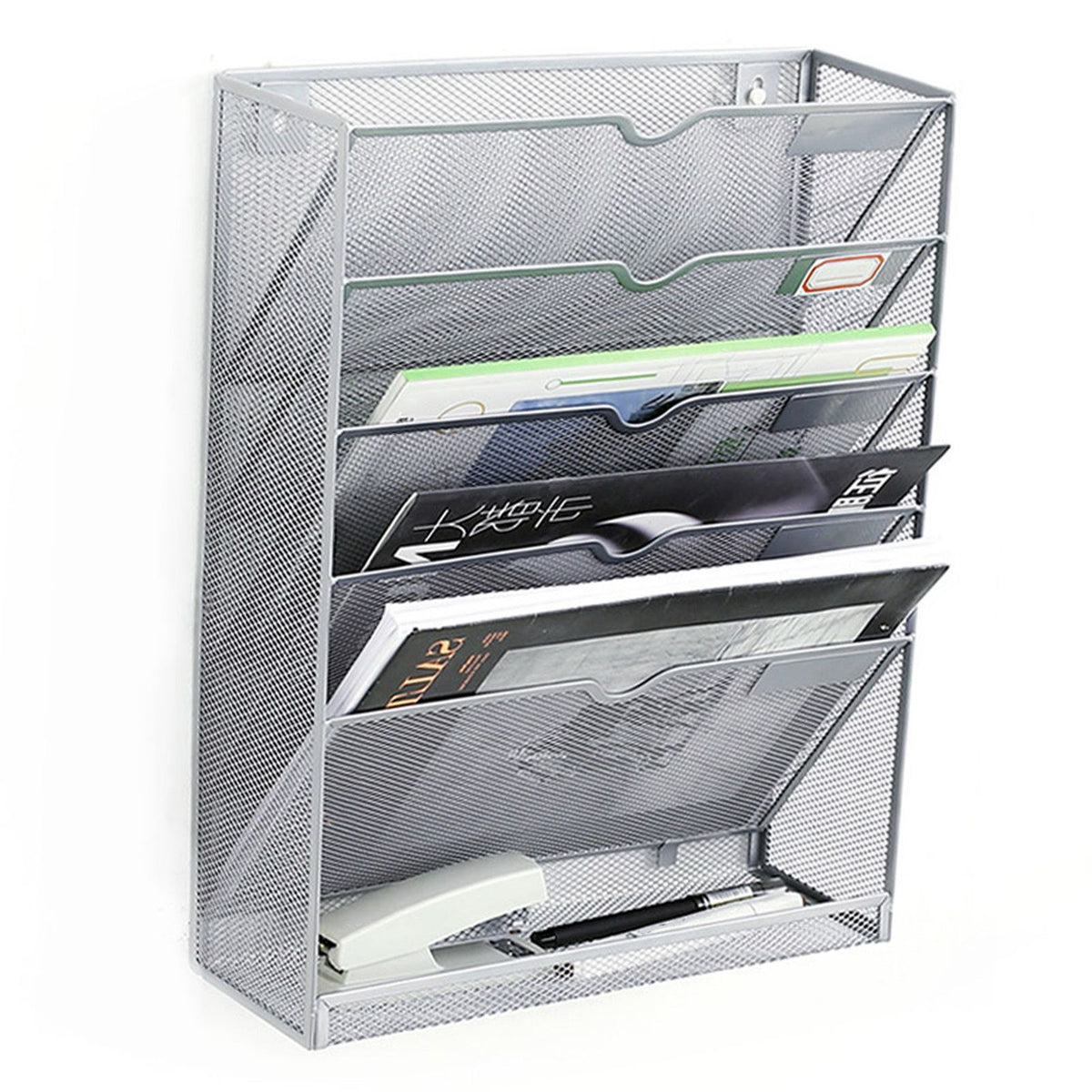 5 Tier Wall File Organizer Vertical Placement Glossy Edges Wall Mount File Holder with Hanging Hole for Office Silver