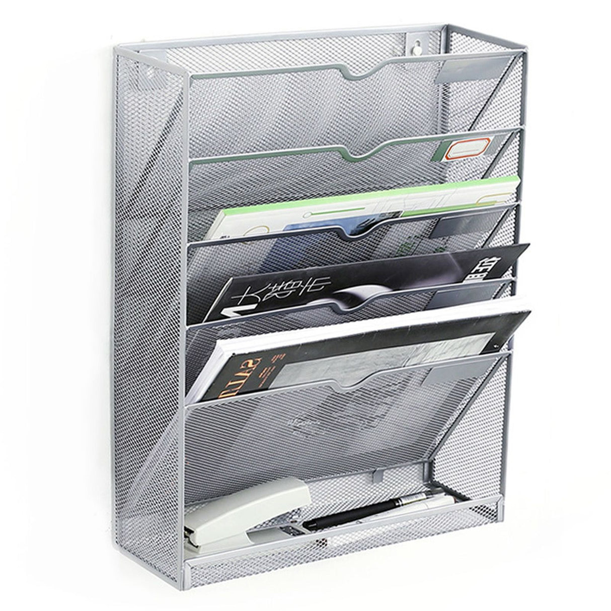 5 Tier Wall File Organizer Vertical Placement Glossy Edges Wall Mount File Holder with Hanging Hole for Office Silver