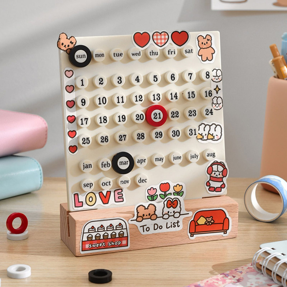 Wooden Kids Calendar DIY Hand Operated Develop Planning Skills Perpetual Calendar for Home White