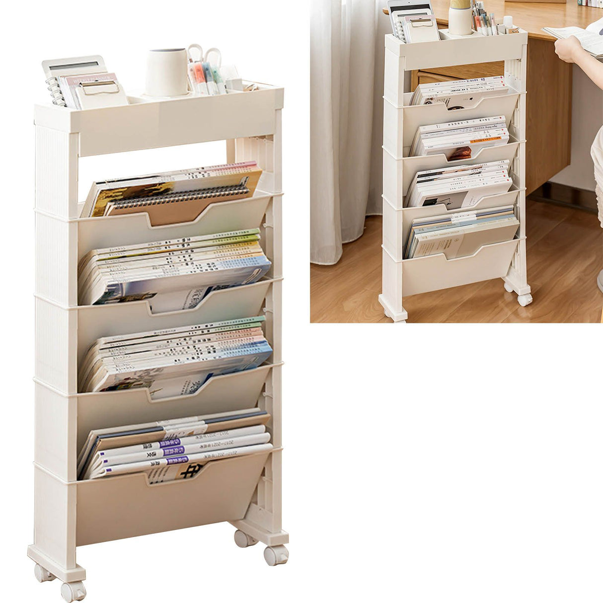 Classroom Bookshelf Multilayer with Universal Wheel Book Storage Shelving for Living Room