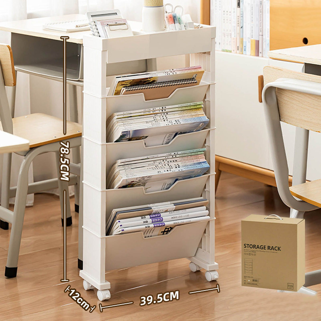 Classroom Bookshelf Multilayer with Universal Wheel Book Storage Shelving for Living Room