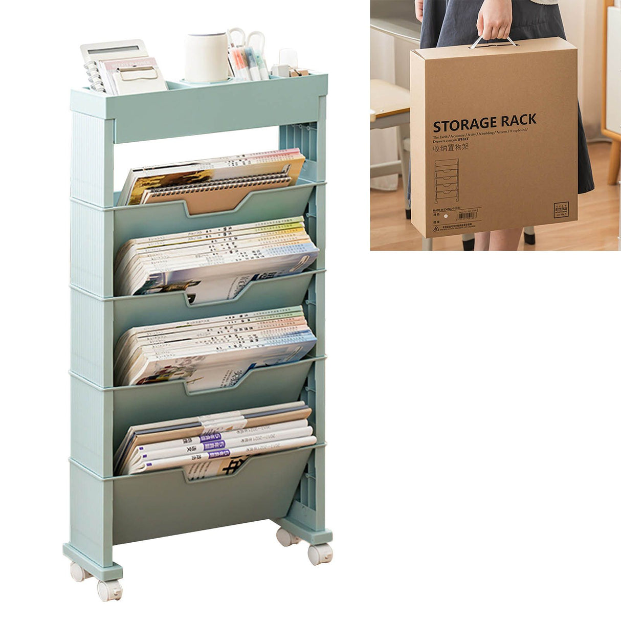 Classroom Bookshelf Multilayer with Universal Wheel Book Storage Shelving for Living Room