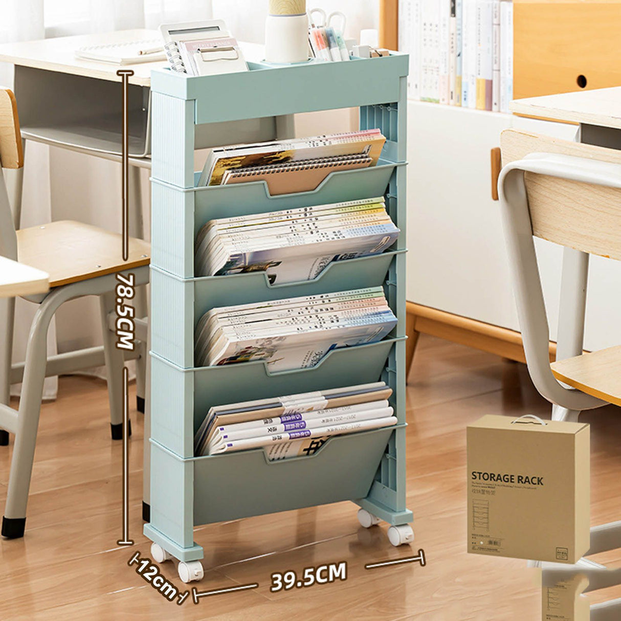 Classroom Bookshelf Multilayer with Universal Wheel Book Storage Shelving for Living Room