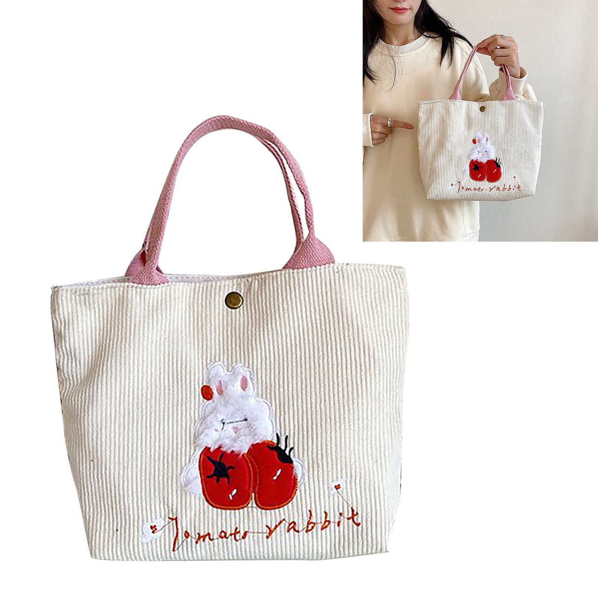 Cute Handbag Snap Button Closure Thickened Cute Pattern Fashionable Small Tote Bag for Shopping Commuting Strawberry