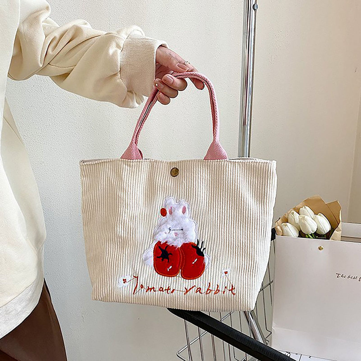 Cute Handbag Snap Button Closure Thickened Cute Pattern Fashionable Small Tote Bag for Shopping Commuting Strawberry