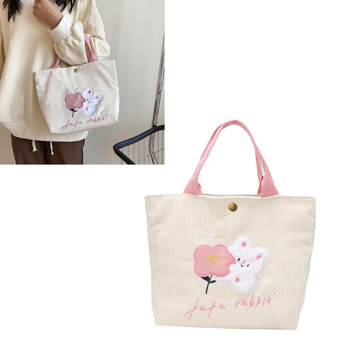 Cute Handbag Snap Button Closure Thickened Cute Pattern Fashionable Small Tote Bag for Shopping Commuting Pink Flower