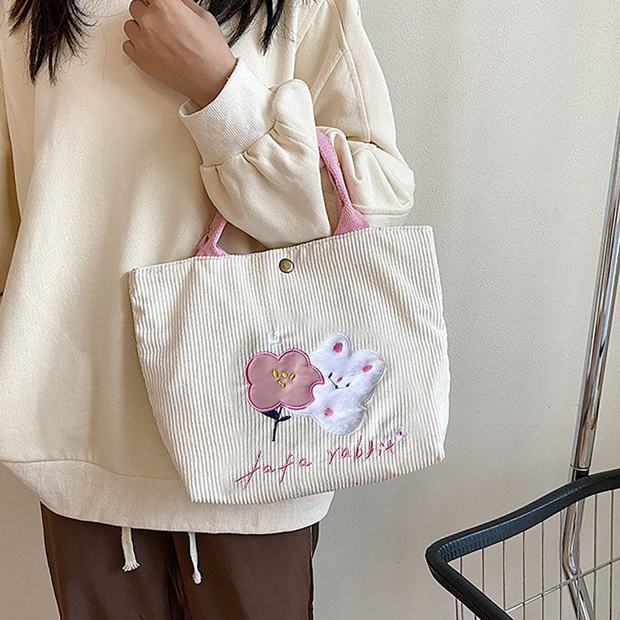 Cute Handbag Snap Button Closure Thickened Cute Pattern Fashionable Small Tote Bag for Shopping Commuting Pink Flower